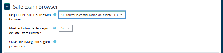 Modo 'Sí - Utilizar la configuración del cliente SEB' en Moodle, con las claves del navegador seguro permitidas
