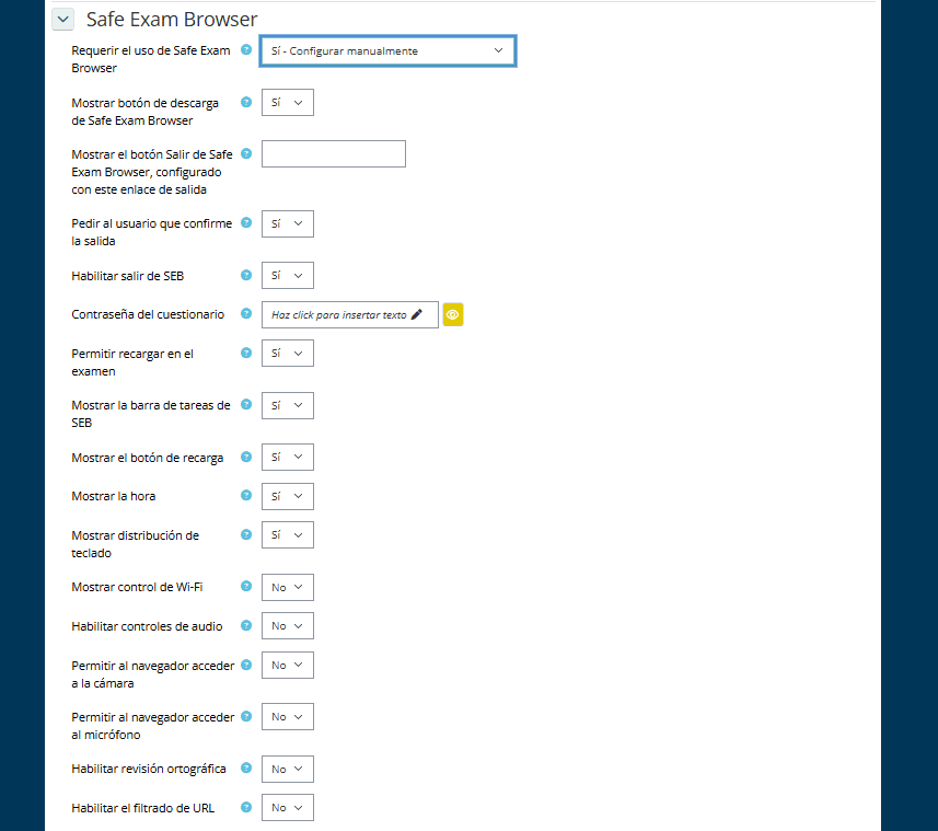Sección Safe Exam Browser de un cuestionario de Moodle con el modo 'Sí - Configurar manualmente' seleccionado y las dieciséis opciones desplegadas