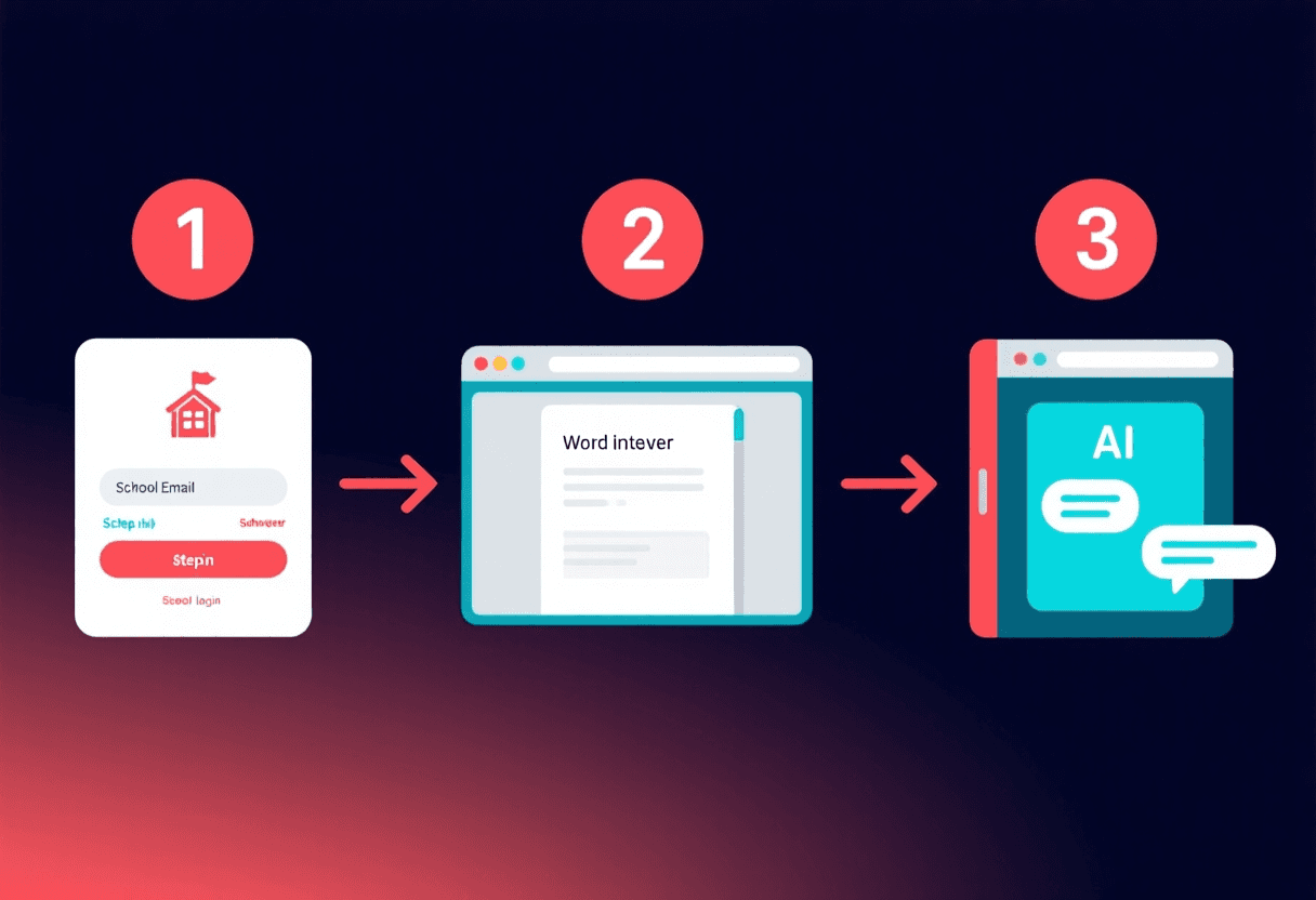 Diagrama de tres pasos para activar Copilot en Word online: iniciar sesión en office.com, abrir Word, y pulsar el panel lateral de Copilot