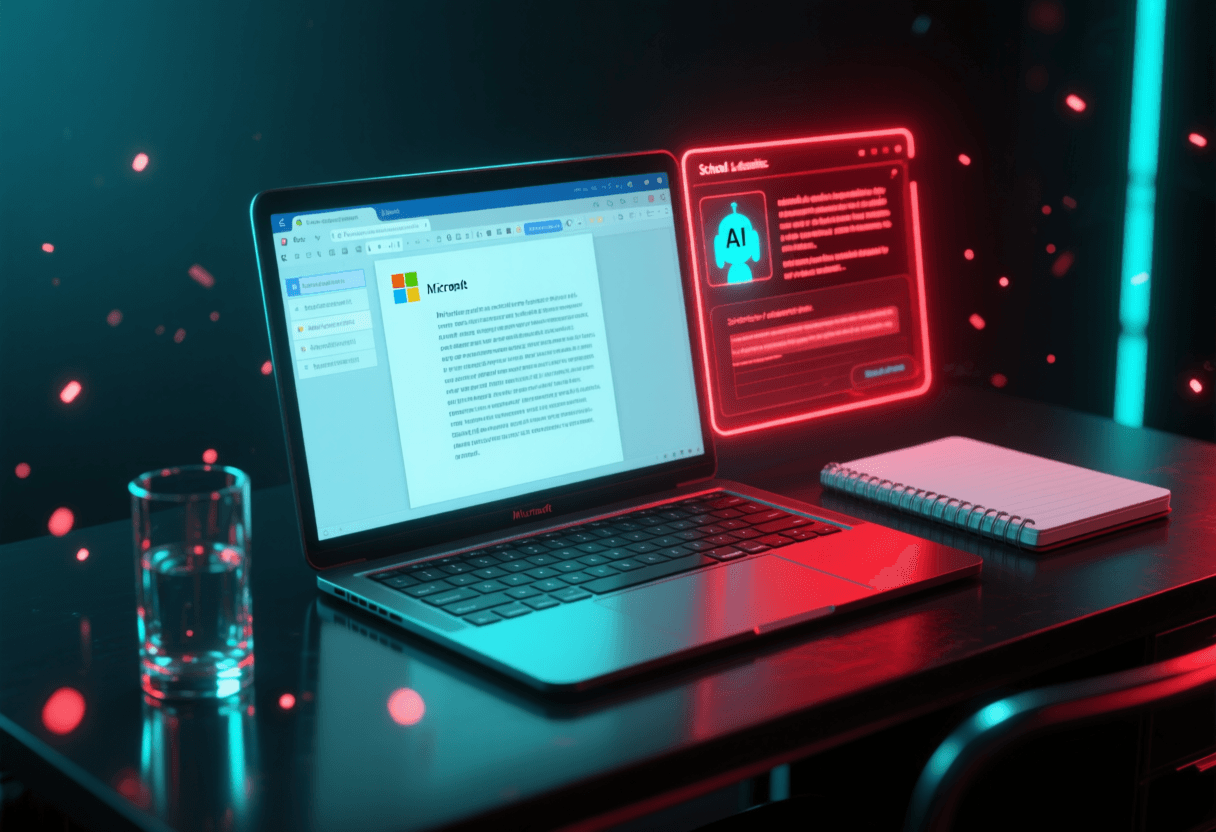 Portátil en escritorio oscuro con Microsoft Word abierto y panel lateral de Copilot generando texto de un trabajo académico, iluminación roja y azul estilo cyberpunk