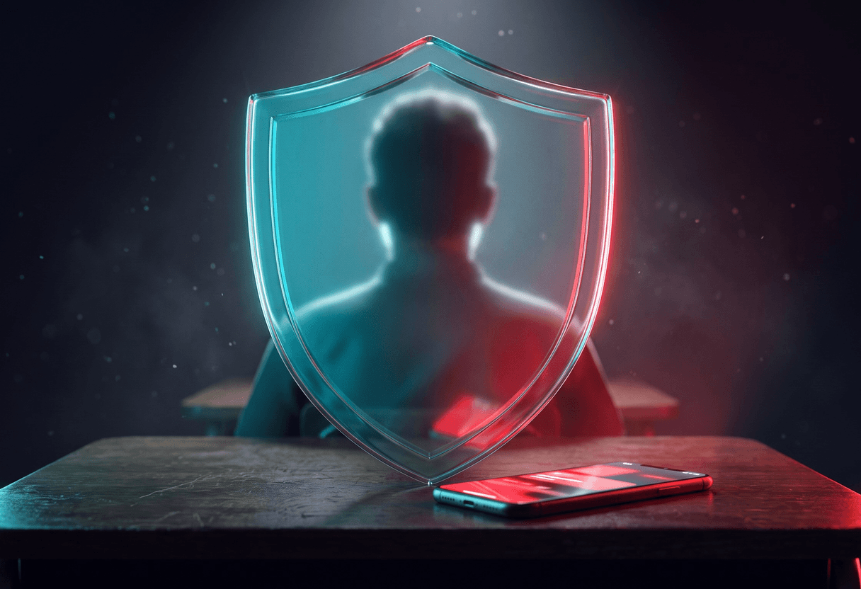 Escudo de cristal cian delante de la silueta anónima de un estudiante, con un móvil de pantalla roja sobre el pupitre