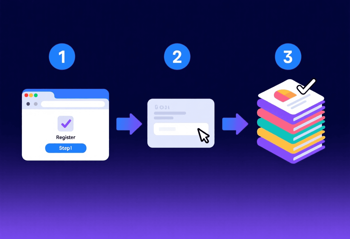 Diagrama de tres pasos para crear una presentación en Gamma: registro, nuevo AI, prompt y generar