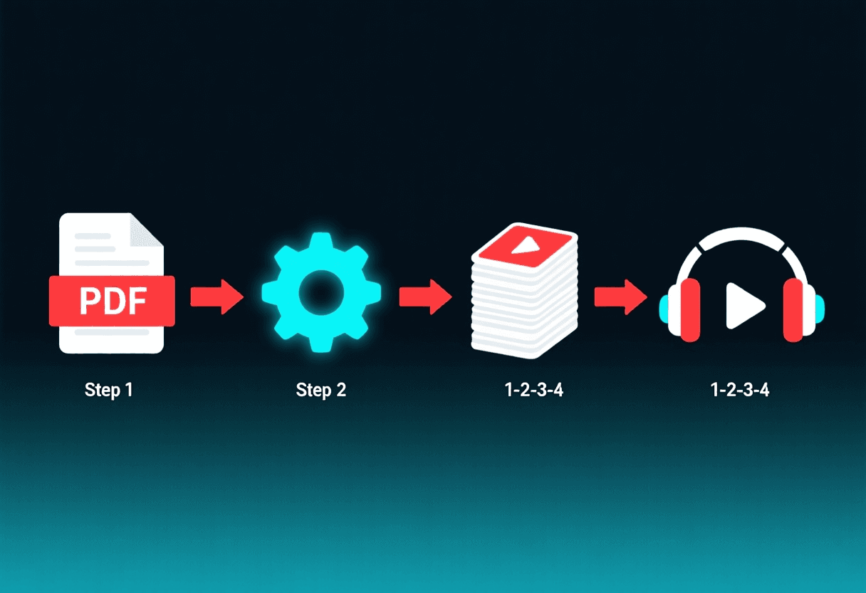 Diagrama de flujo en cuatro pasos: subir PDF del temario, generar resumen automático, crear tarjetas de estudio y exportar audio pódcast