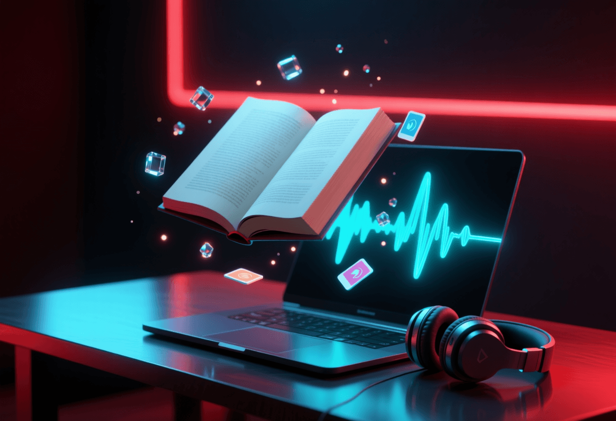 Libro de texto abierto flotando sobre un portátil con ondas de audio emergiendo, auriculares sobre la mesa, iluminación cian y roja estilo cyberpunk