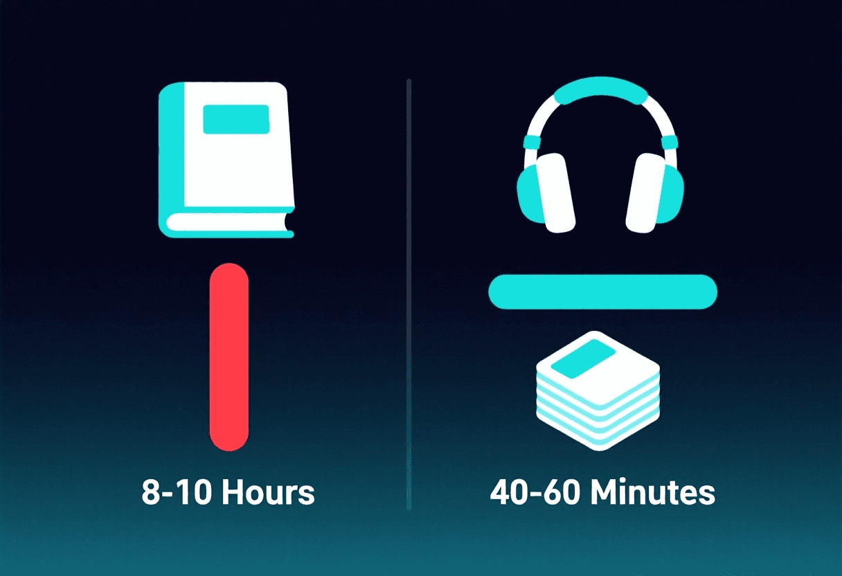 Comparativa de tiempo: leer 340 páginas requiere 8-10 horas, estudiar con tarjetas y audio de Gemini Notebook requiere 40-60 minutos de preparación activa