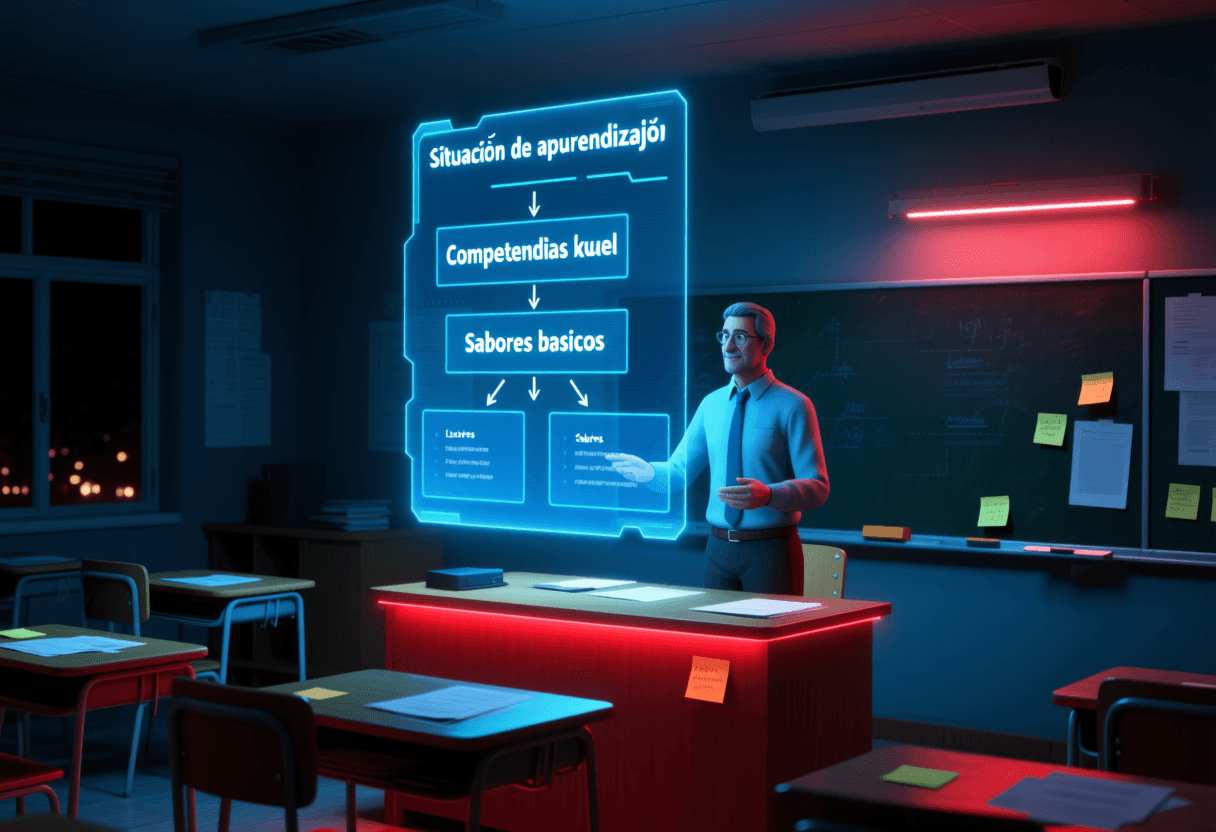 Profesor creando unidad didáctica en pantalla con IA, documentos curriculares LOMLOE visibles, luz azul profesional