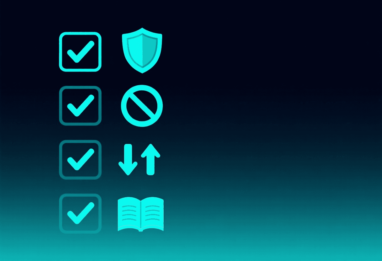 Checklist con cuatro puntos: permitir uso asistido, prohibir entrega sin declarar, exigir transparencia mutua, citar el marco legal; iconos de palomita y escudo sobre fondo oscuro