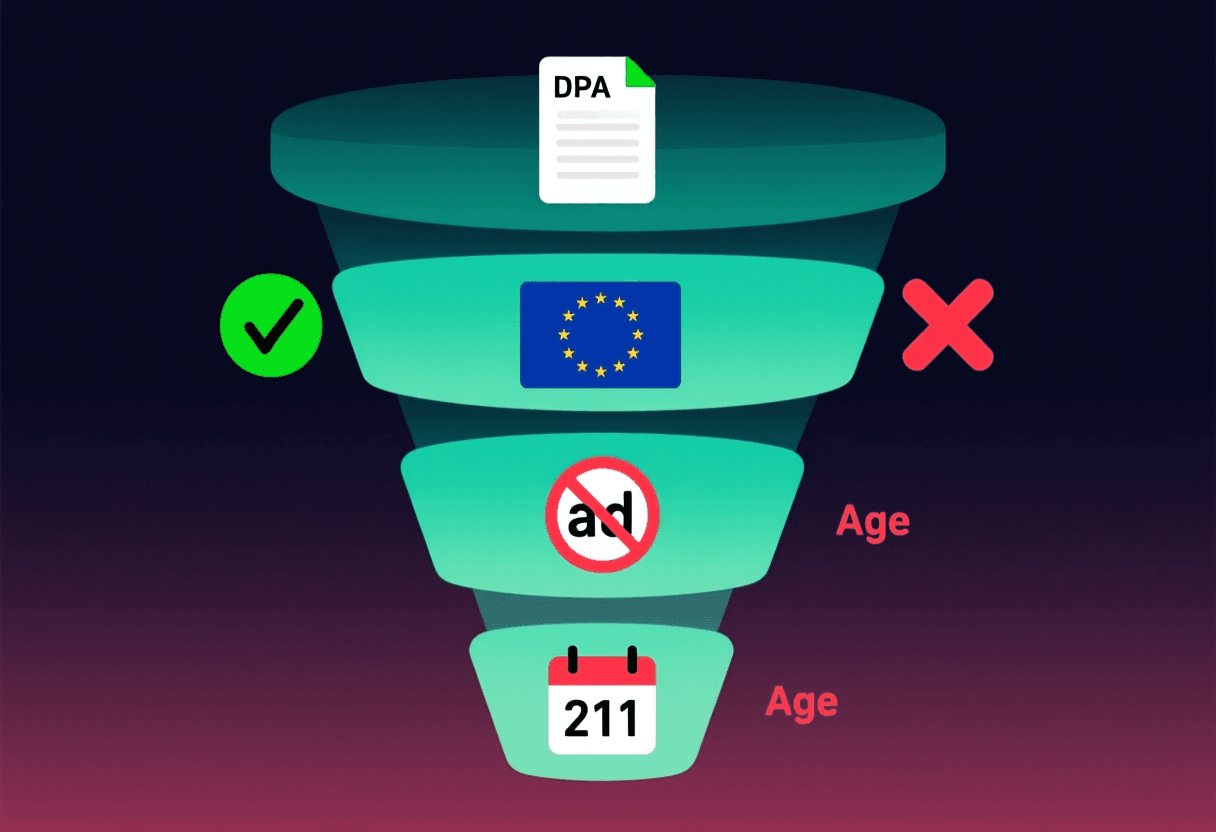 Diagrama de cuatro preguntas de evaluación RGPD en forma de embudo: DPA, servidores UE, sin publicidad, edad mínima; con iconos de palomita verde o cruz roja sobre fondo oscuro