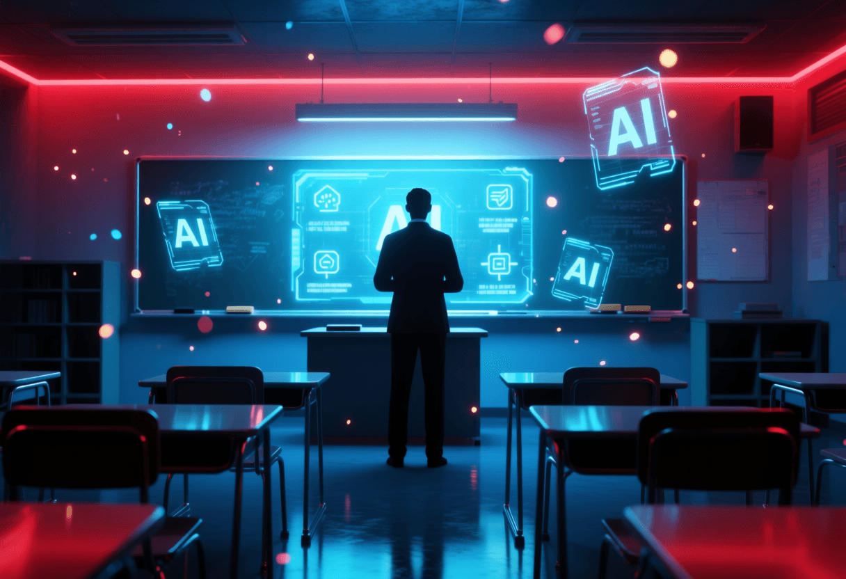 Profesora de espaldas ante una pizarra digital con iconos de IA flotando sobre un aula vacía antes del primer día de clase, iluminación ciberpunk azul y rojo