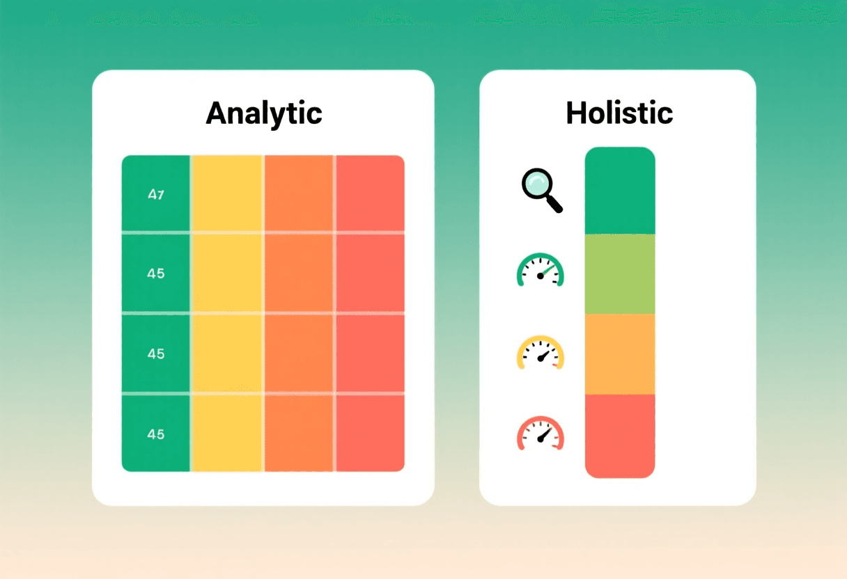 Comparación visual entre rúbrica analítica con cinco criterios independientes y rúbrica holística con un único nivel global, código de colores por puntuación