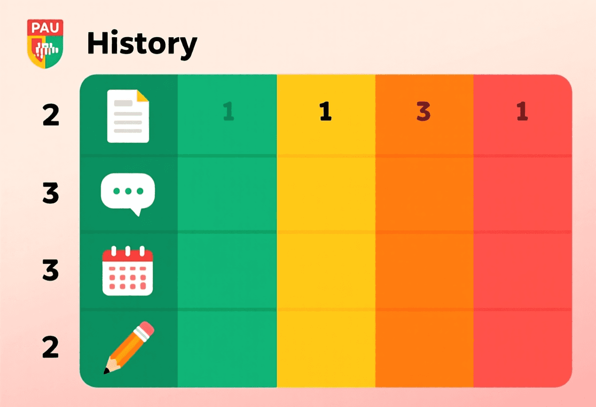Rúbrica analítica de Historia con cuatro criterios: identificación y contextualización (2 pts), análisis del contenido (3 pts), relación con el contexto histórico (3 pts) y expresión escrita (2 pts), con descriptores por nivel