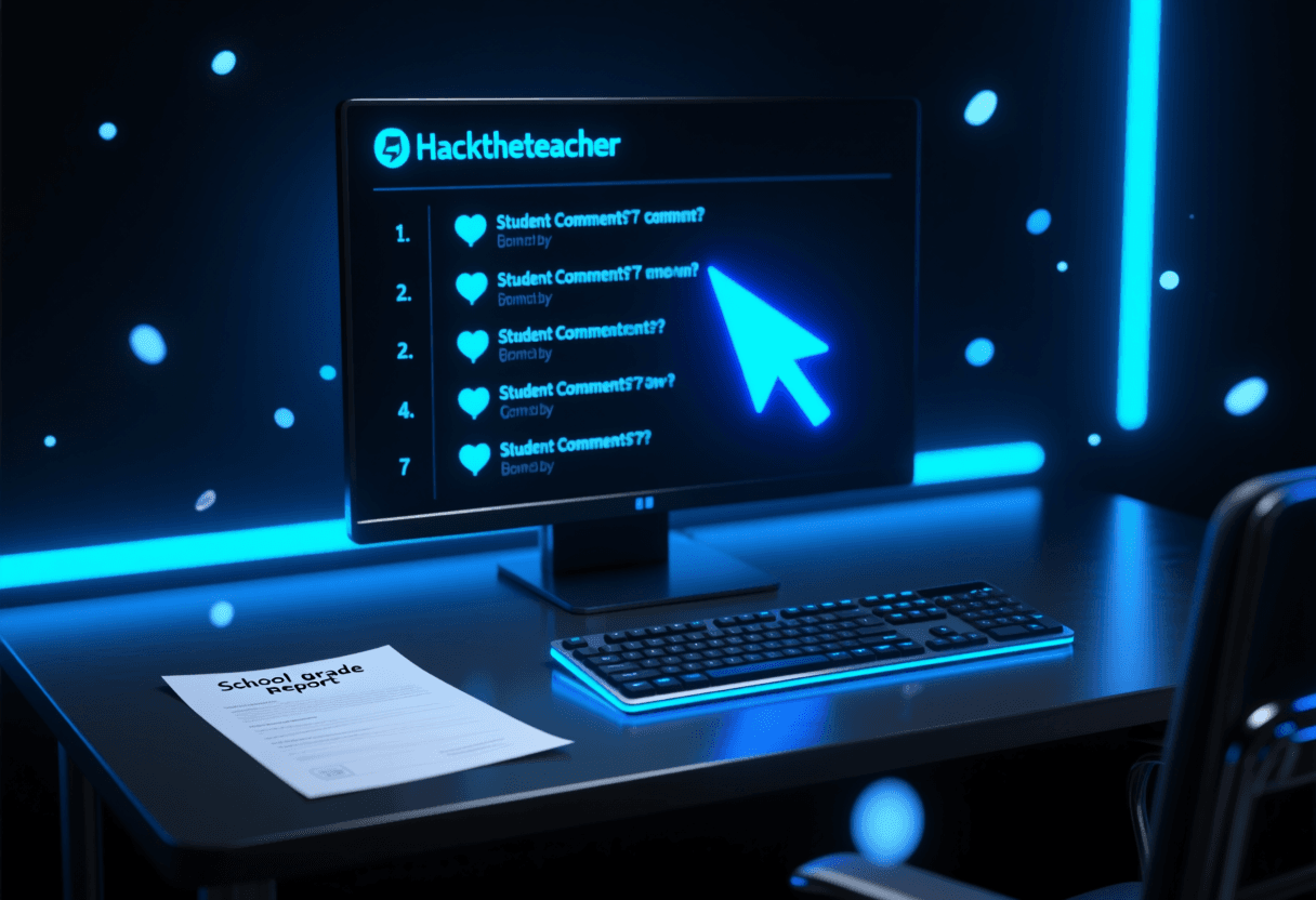 Escritorio oscuro con un documento de notas escolares y un teclado con luces azules, pantalla mostrando comentarios generados automáticamente uno a uno
