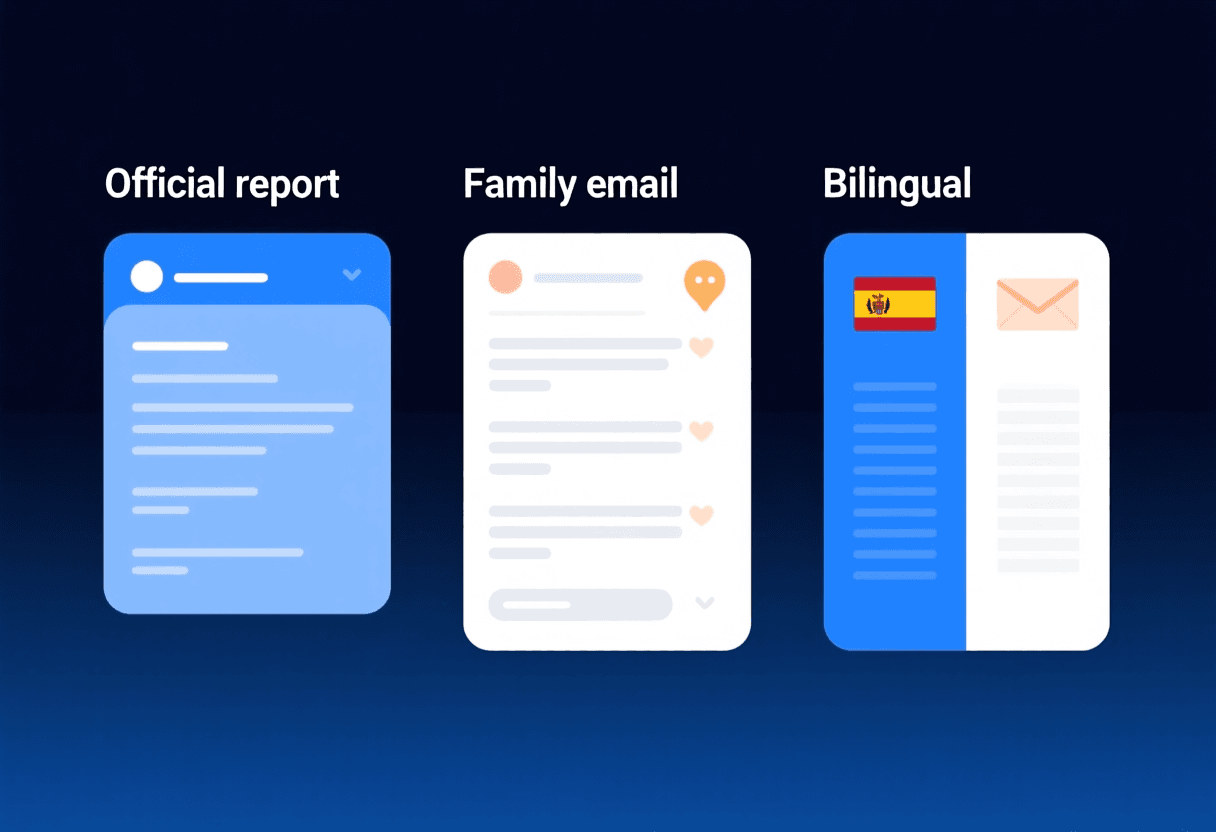 Diagrama comparando tres versiones del mismo comentario de boletín: tono formal para el boletín oficial, tono cercano para correo a familias, y versión bilingüe con traducción