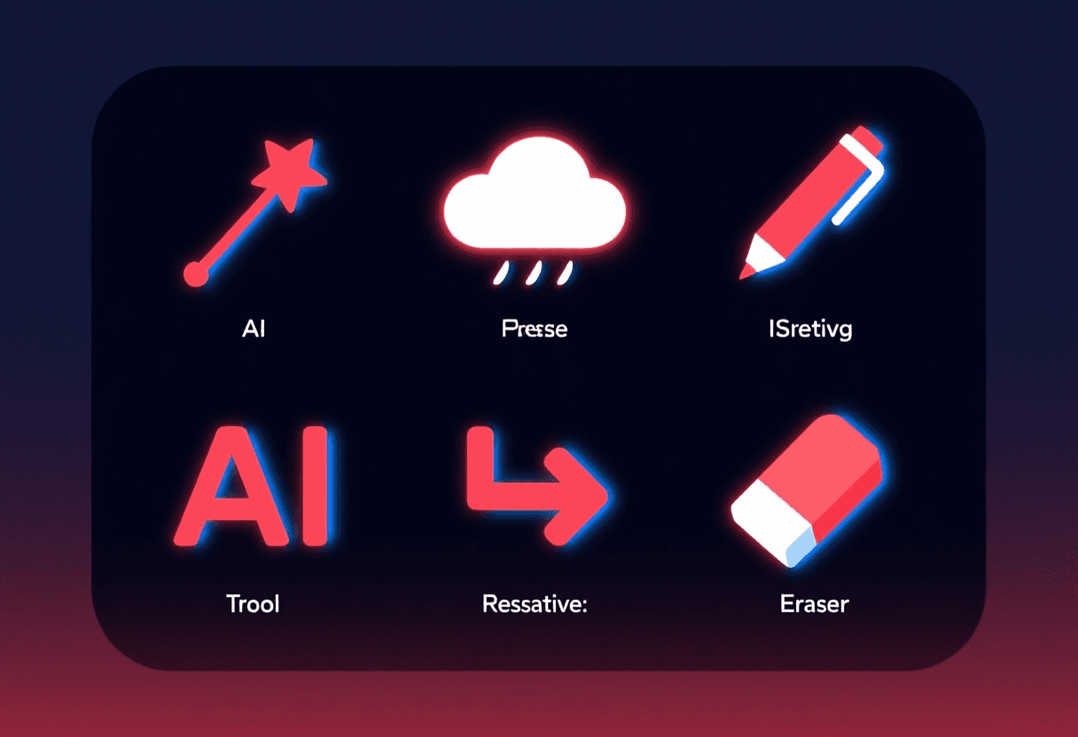 Diagrama de las cinco herramientas de Magic Studio de Canva: Magic Design, Dream Lab, Magic Write, Magic Resize y Magic Eraser, con iconos y descripciones breves
