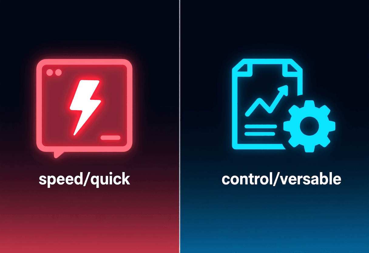 Tabla comparativa de dos columnas: Gamma a la izquierda con icono de velocidad y casos de uso presentaciones, Canva a la derecha con icono de control y casos de uso pósteres murales infografías