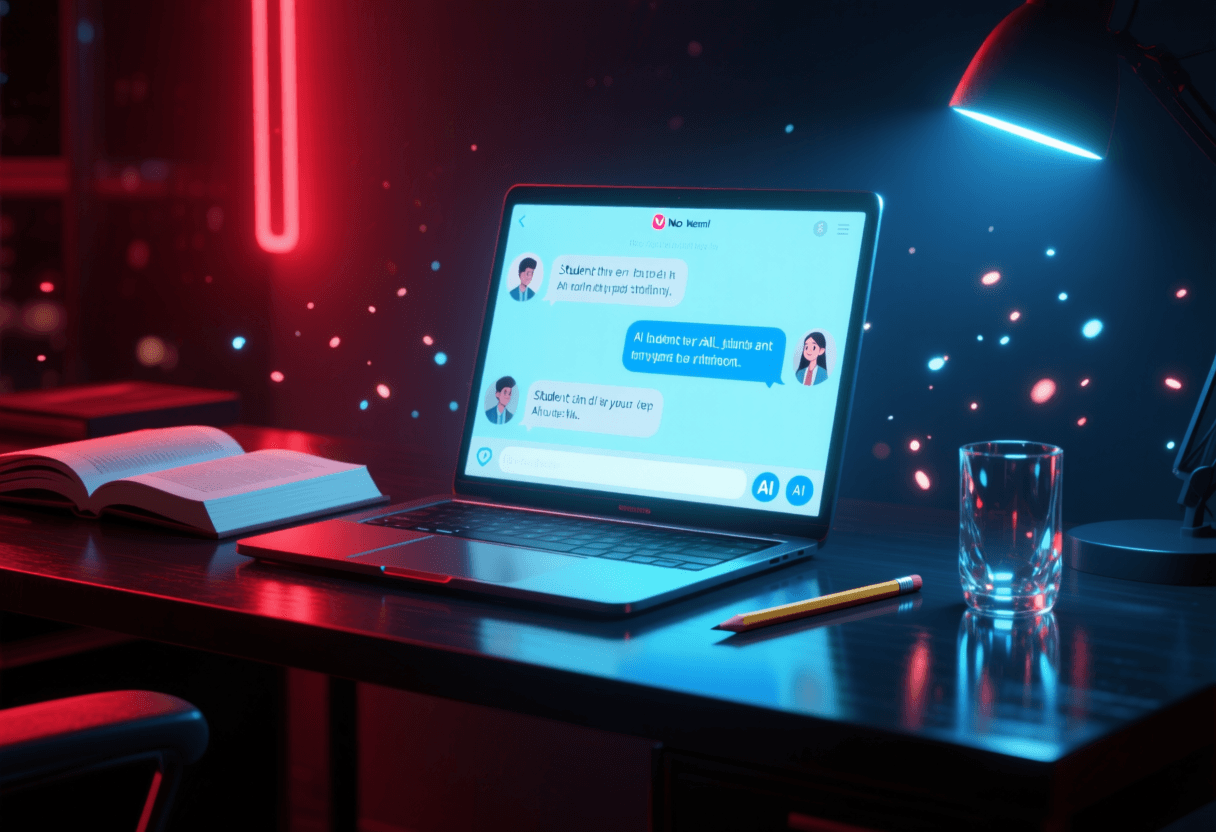 Pantalla de chat oscura con conversación en inglés entre estudiante y IA, luz de pantalla azul rojiza sobre escritorio nocturno