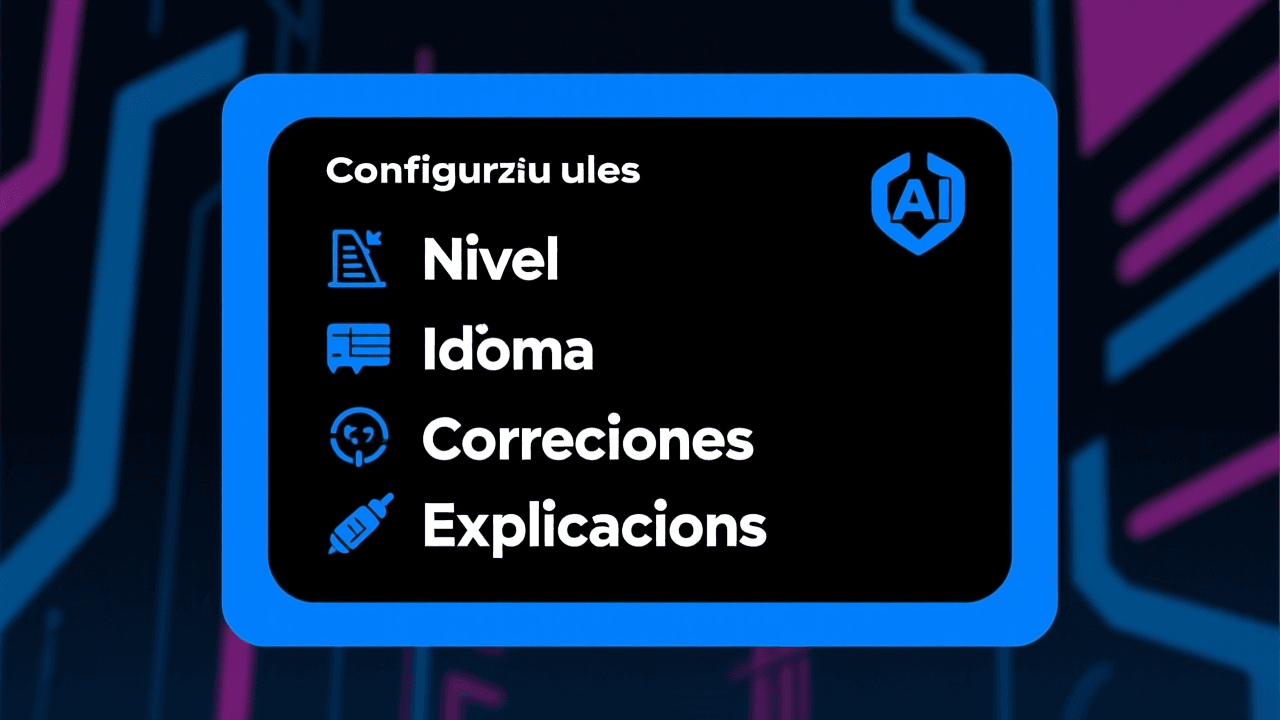 Tarjeta de prompt de configuración de sesión de inglés con los cuatro parámetros: nivel, idioma, correcciones y explicaciones en español