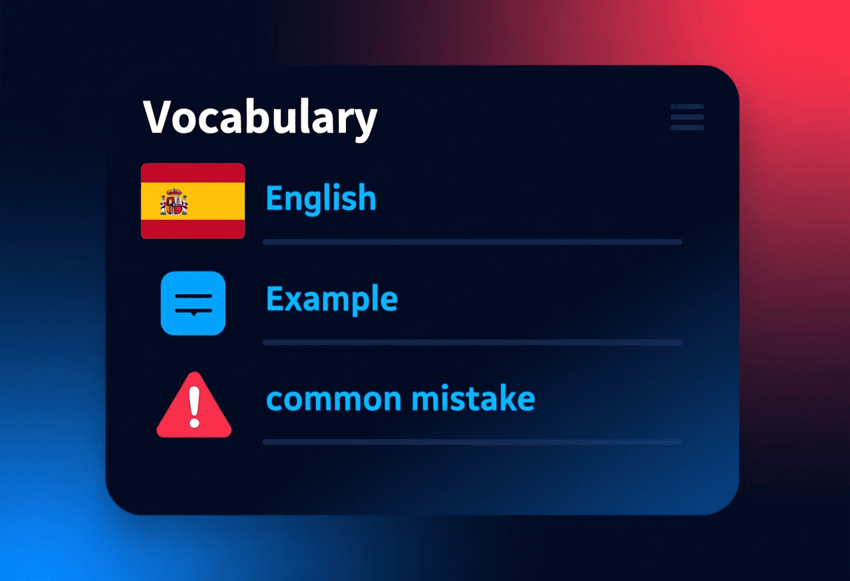 Lista de vocabulario temático con palabra en inglés, traducción, ejemplo y error común de hablantes españoles, diseño oscuro con acentos en azul