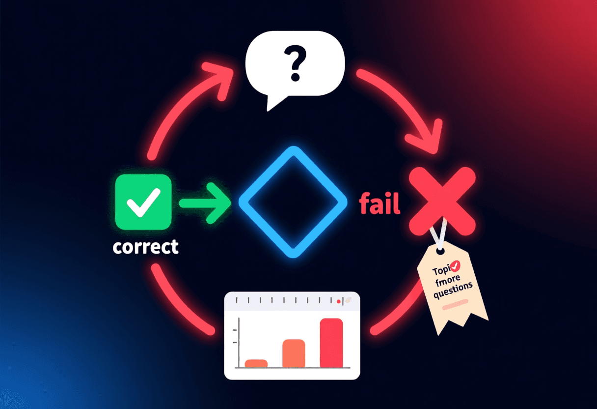 Diagrama del bucle adaptativo: pregunta, respuesta del alumno, evaluación por ChatGPT, bifurcación entre acierto y fallo, con el fallo realimentando más preguntas sobre ese punto