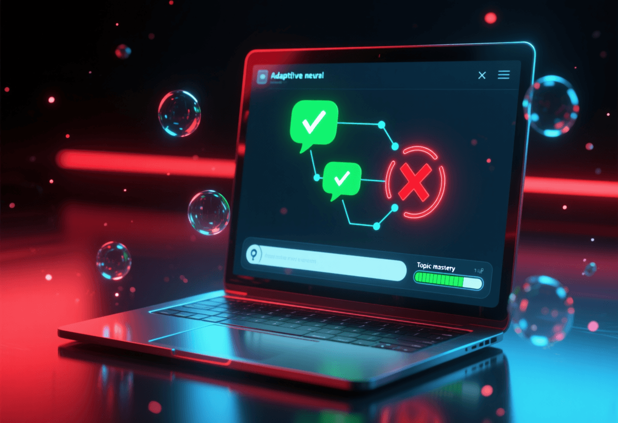 Pantalla de chat con ChatGPT mostrando preguntas de examen adaptadas al nivel del estudiante, con indicadores visuales de puntos fuertes y débiles