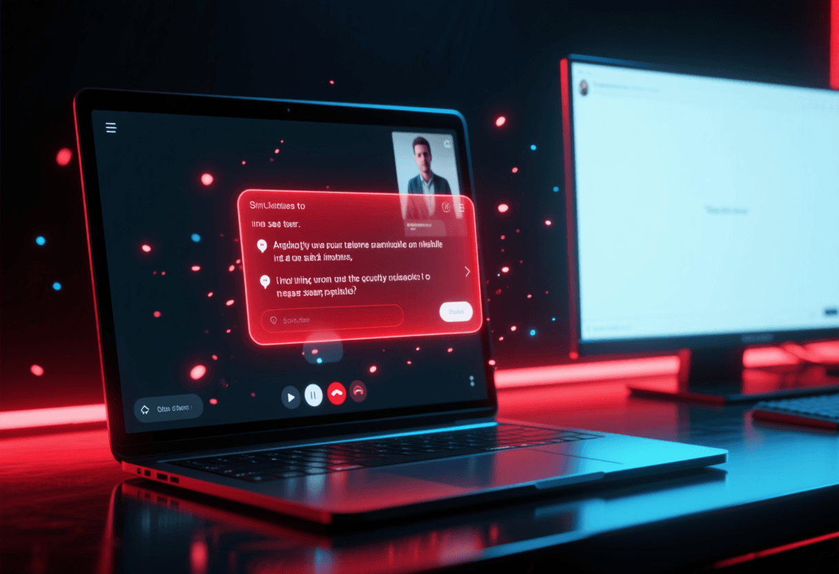Pantalla de ordenador en entorno oscuro con un panel overlay semitransparente flotando sobre una videollamada de examen, mostrando respuestas en tiempo real con iluminación roja y azul