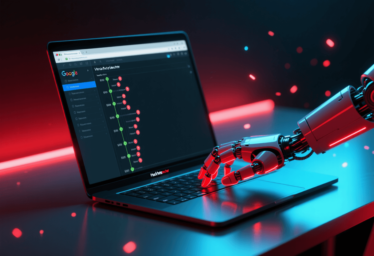 Portátil en escritorio oscuro con Google Docs abierto mostrando una línea de tiempo de versiones, brazo robótico tecleando en el teclado con iluminación roja y azul