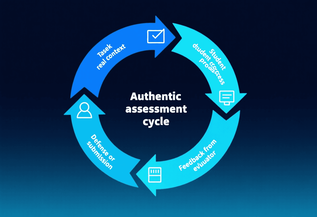 Diagrama circular de evaluación auténtica: tarea situada en contexto real → proceso documentado por el alumno → defensa o entrega → retroalimentación
