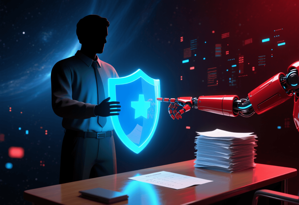 Profesor con escudo azul digital bloqueando un robot de IA rojo que intenta responder hojas de examen, estética ciberpunk de fondo oscuro