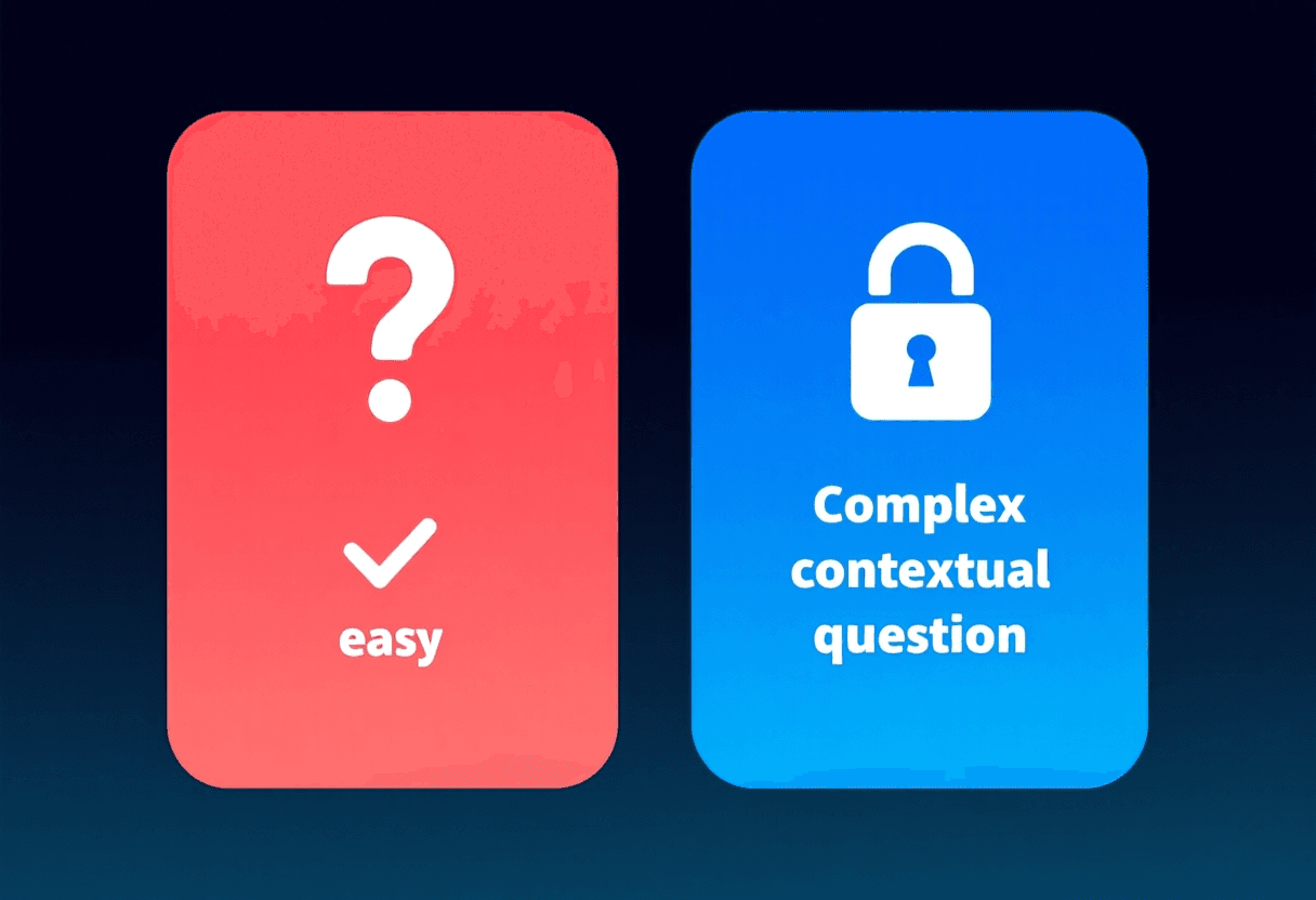 Diagrama de dos columnas: a la izquierda preguntas que la IA responde fácilmente en rojo, a la derecha preguntas AI-resistant en azul con ejemplos de cada tipo