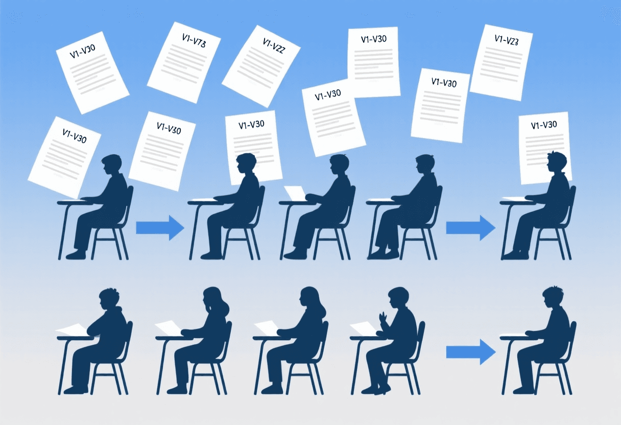 Diagrama de distribución aleatoria: treinta hojas numeradas asignadas al azar entre tres filas de alumnos, cada alumno con un número de versión diferente