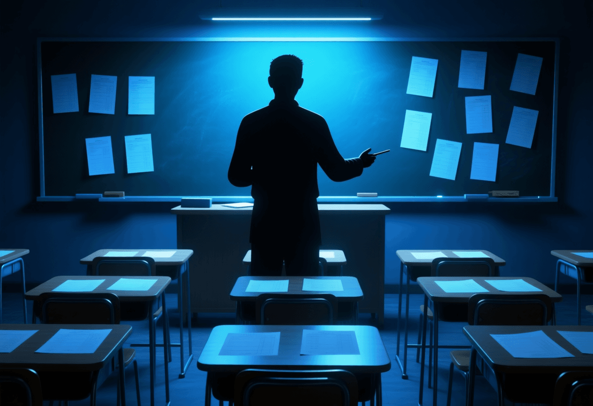 Silueta de profesor ante mesa con treinta hojas de examen levemente distintas entre sí, iluminadas con luz azul tecnológica en aula oscura