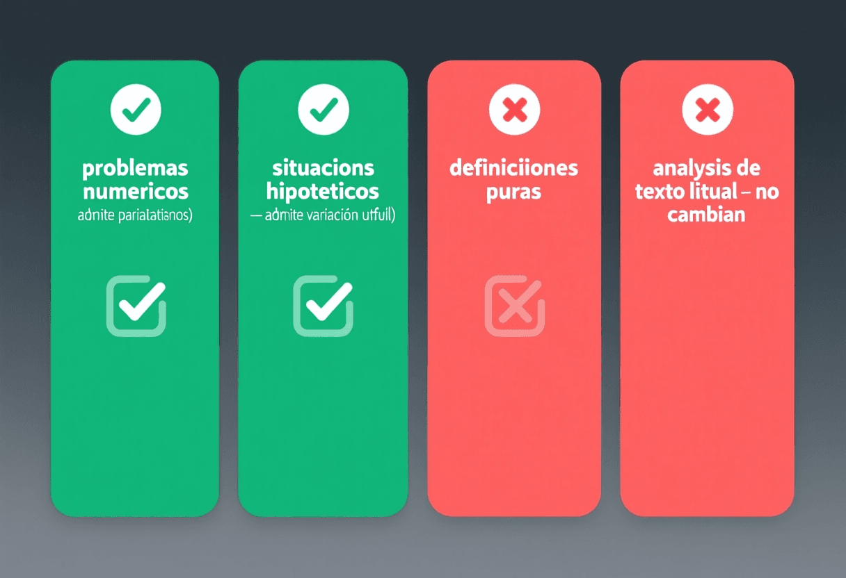 Cuadro comparativo de cuatro tipos de preguntas: dos en verde que admiten variación útil, dos en rojo que no cambian aunque se modifiquen los datos