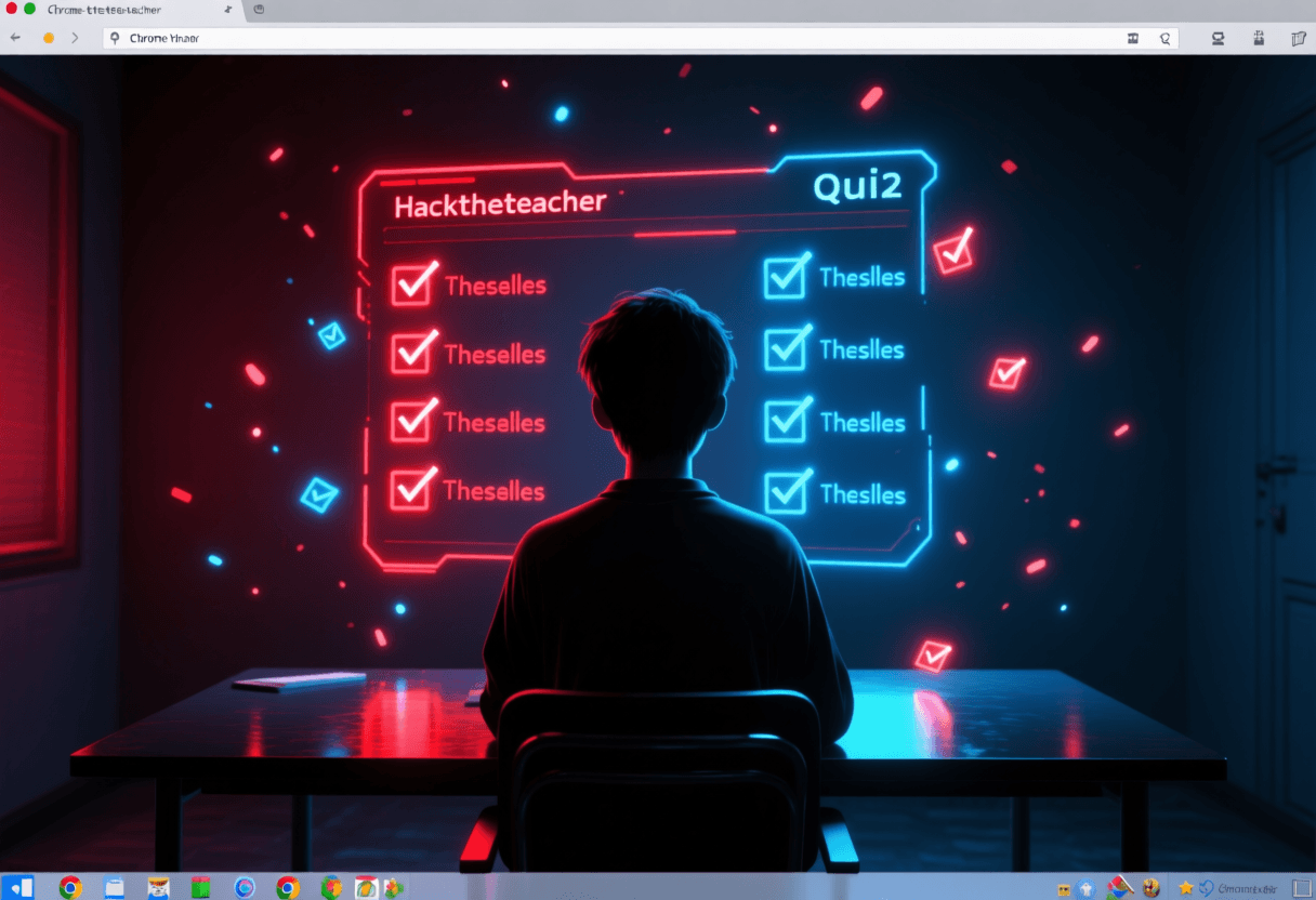 Silueta de estudiante frente a portal de test digital con casillas de respuesta marcándose automáticamente, iluminación neon roja y azul en habitación oscura