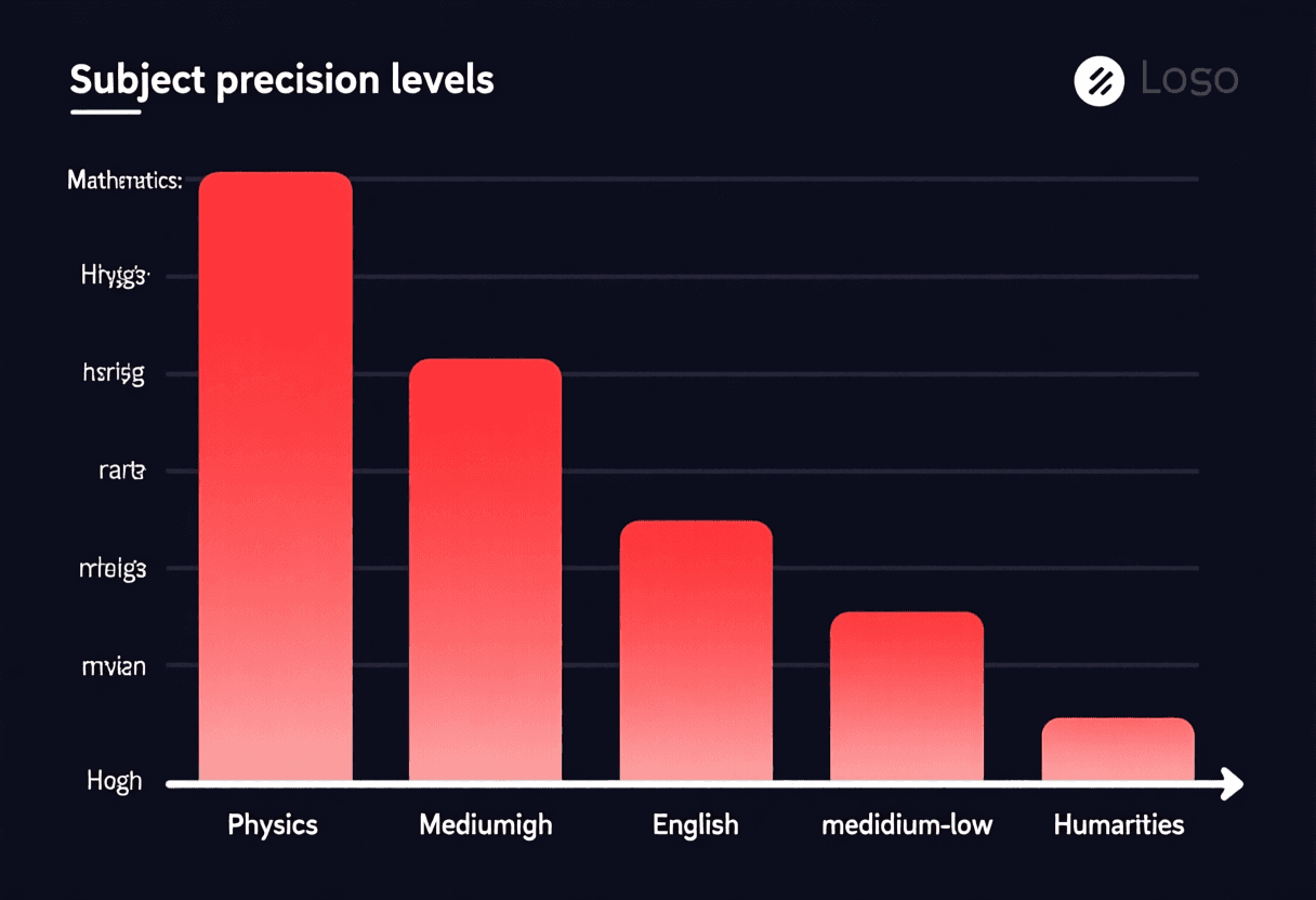 Diagrama de materias que resuelve Gauth AI con indicadores de precisión: matemáticas alta, física media-alta, química media-alta, inglés media, humanidades baja