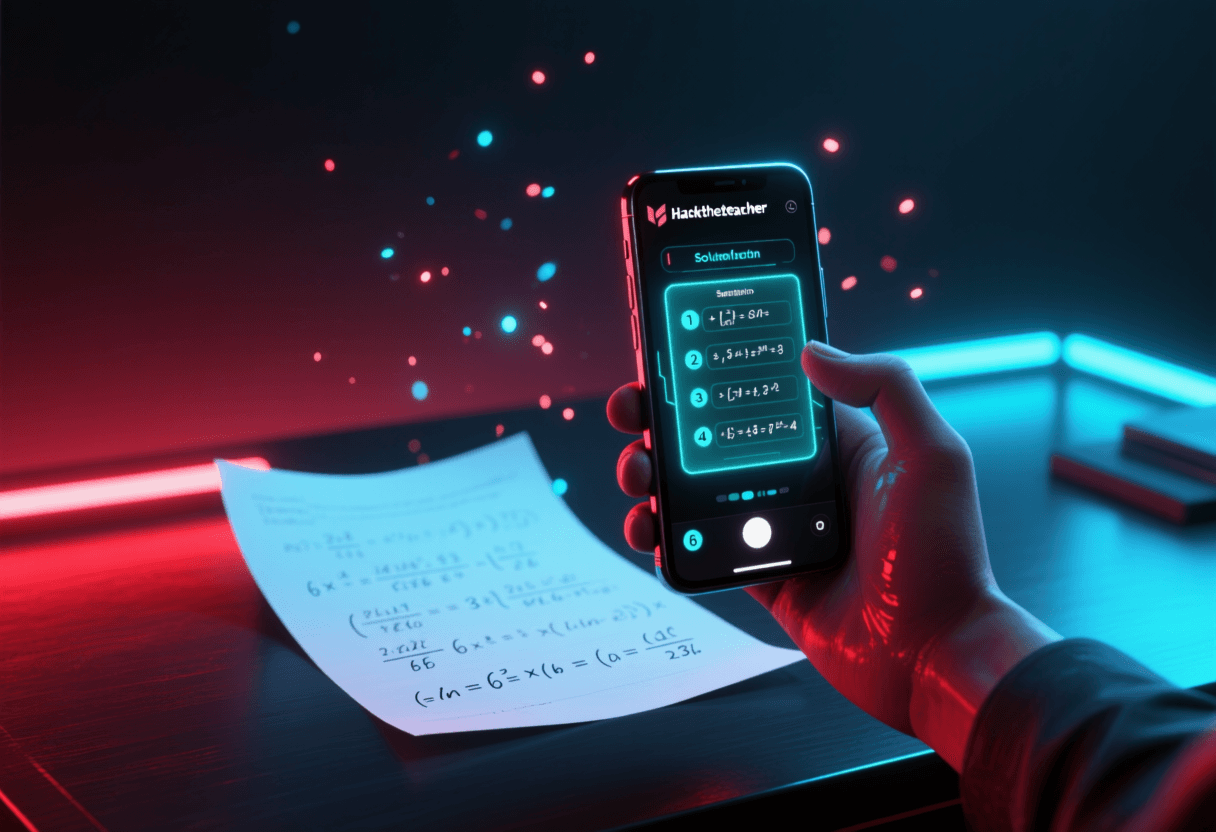 Mano anónima sosteniendo un móvil enfocando una hoja con problemas de matemáticas, pantalla mostrando la solución paso a paso con iluminación oscura y efectos rojos