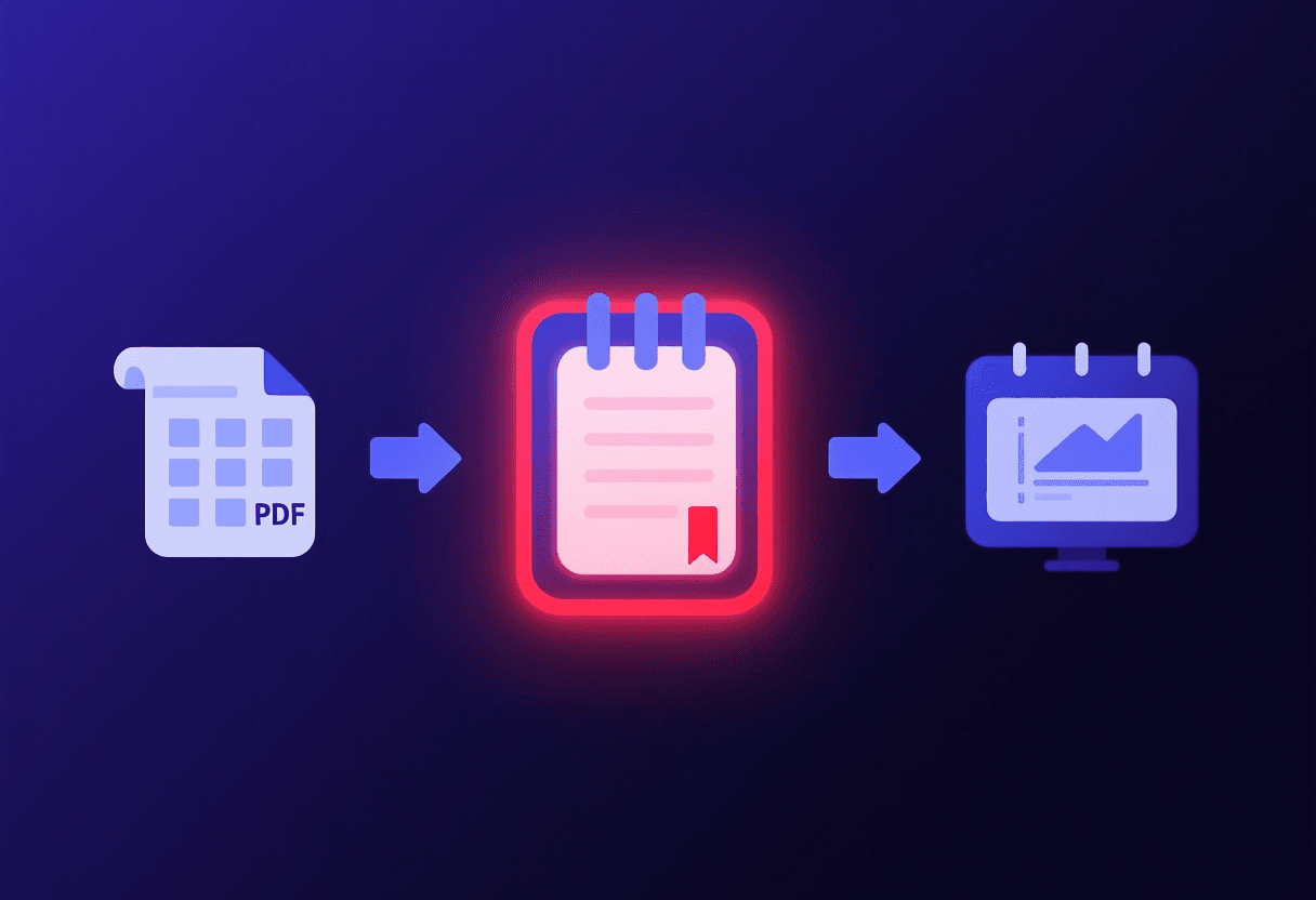 Ilustración de los tres formatos de exportación de Gemini Notebook: icono de PDF, icono de hoja de cálculo y icono de presentación, con flechas desde un notebook central