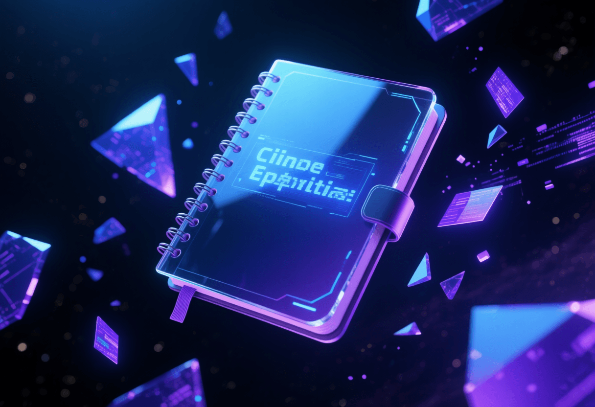 Pantalla de Gemini Notebook con el nuevo logo azul-morado de la marca Gemini sobre fondo oscuro y notebooks de estudio flotando alrededor