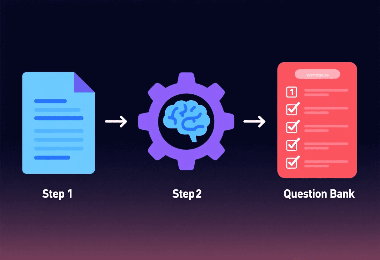 Diagrama de flujo con tres pasos: icono de documento de apuntes en azul, engranaje con cerebro-IA en el centro, y banco de preguntas con cuatro tipos de ítem a la derecha