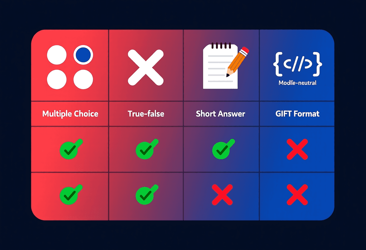 Tabla comparativa de cuatro tipos de pregunta: tipo test, verdadero/falso, desarrollo corto y GIFT, con sus pros y contras en columnas de color