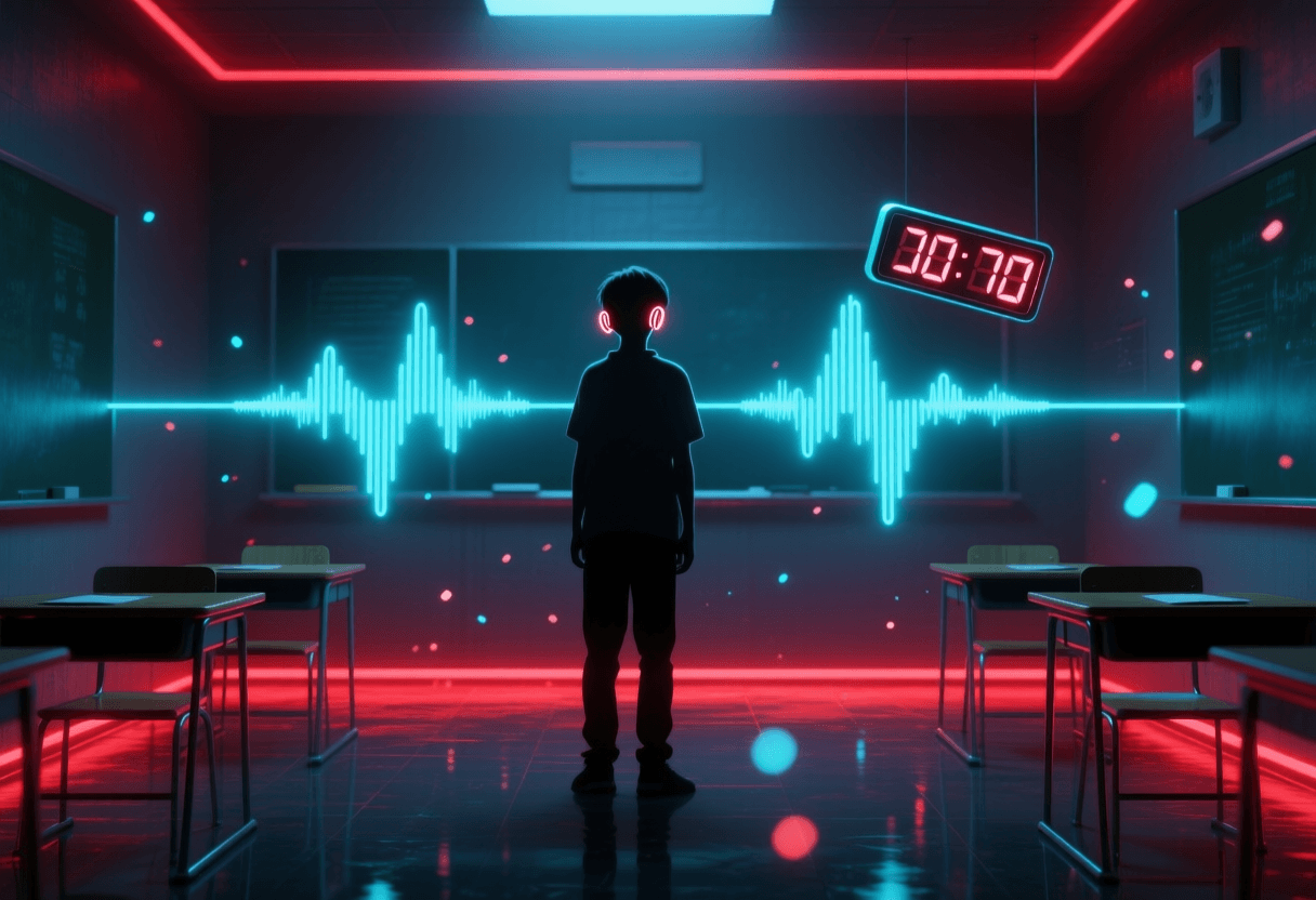 Silueta de estudiante en examen oral con onda de audio bidireccional simultánea y contador de latencia por debajo de un segundo, estética cyberpunk