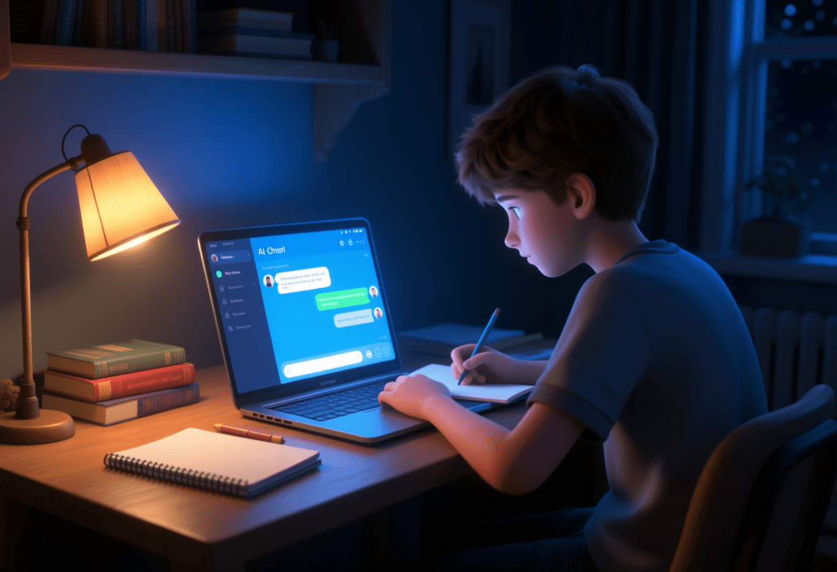 Adolescente estudiando con ordenador portátil y asistente de IA en pantalla, ambiente oscuro con luz de pantalla