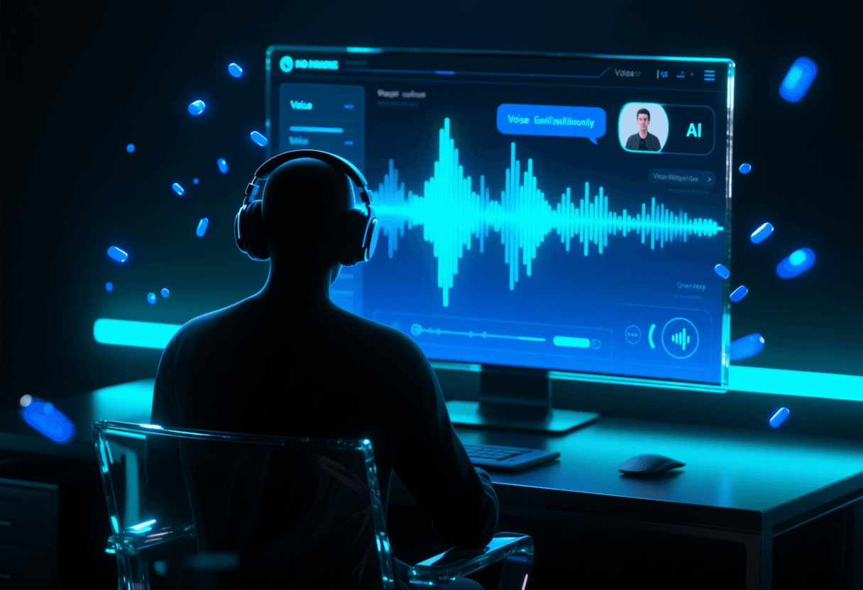 Persona con auriculares practicando el oral de Cambridge frente a pantalla oscura con interfaz de voz de IA activa, luz azul ambiental y partículas de audio flotando