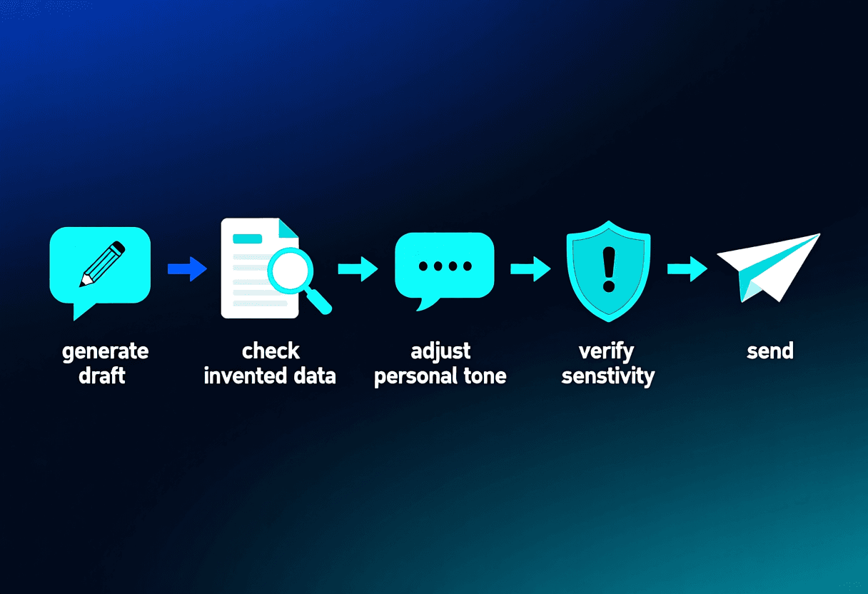 Diagrama de flujo del proceso: generar borrador con IA, revisar datos inventados, ajustar tono personal, verificar sensibilidad del tema, enviar