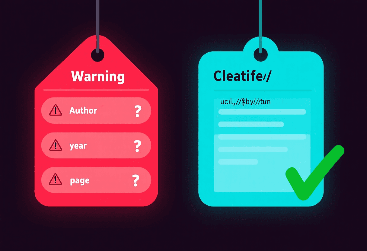 Comparativa de dos columnas: izquierda muestra cita de IA con datos inventados y señal de error roja, derecha muestra cita con URL real verificable y check verde