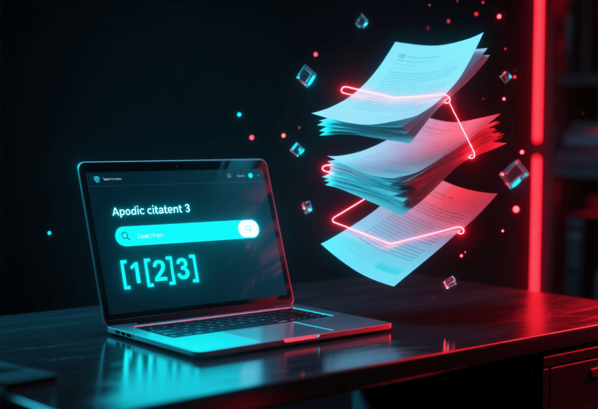 Pantalla oscura con texto académico y marcadores de cita numerados en cian brillante que enlazan a documentos flotantes verificables, estética cyberpunk