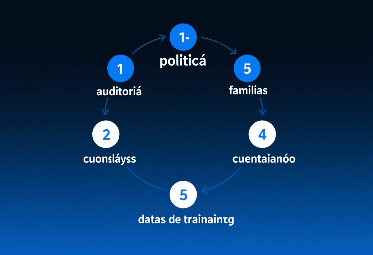 Diagrama de cinco pasos numerados en orden: política, auditoría, familias, cuentas, entrenamiento de datos. Fondo oscuro, iconos simples, paleta azul institucional