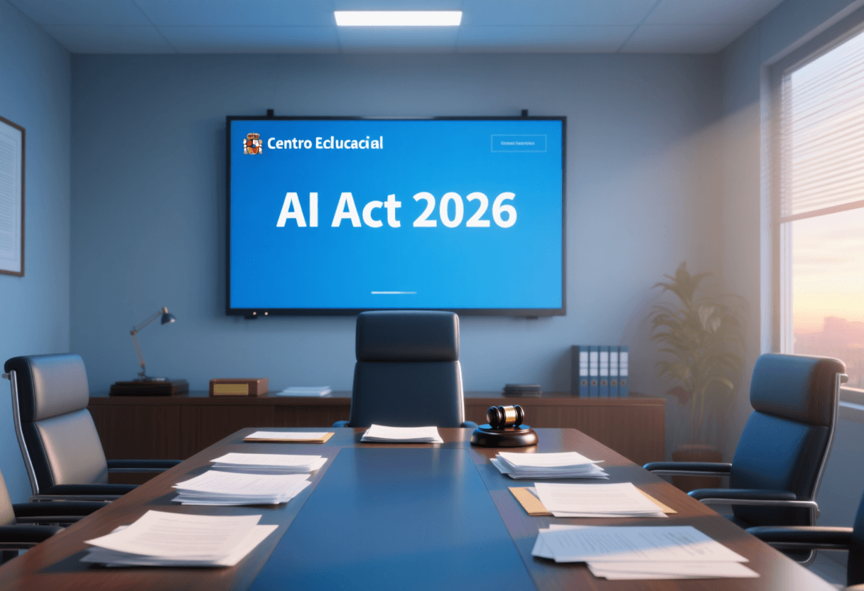 Director de centro educativo con documentos legales en una mesa, pantalla con el texto 'AI Act 2026' al fondo, ambiente institucional de despacho