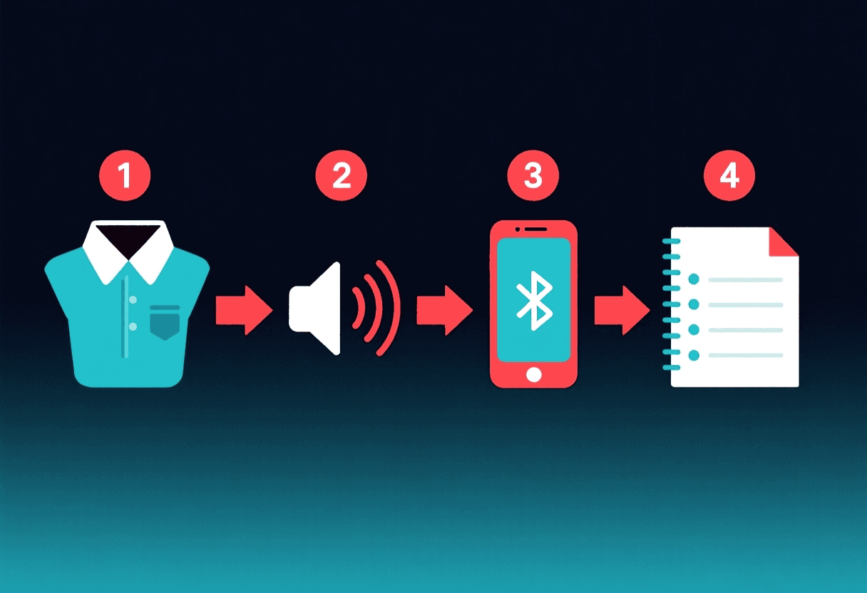 Diagrama de flujo en cuatro pasos: clip sujeto a ropa grabando la clase, audio descargándose al teléfono, transcripción generada por IA, resumen exportado a la app de notas