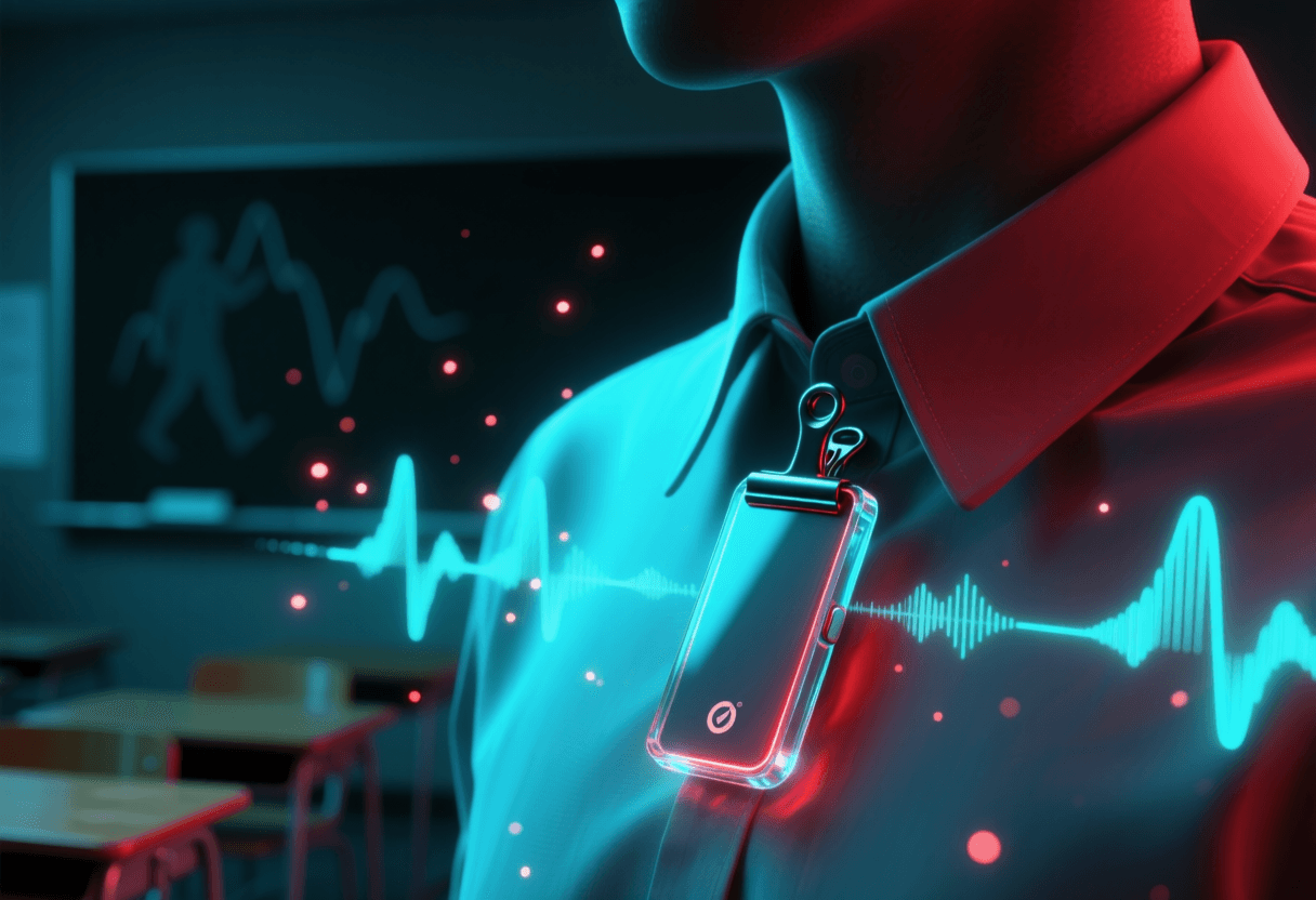 Dispositivo clip pequeño luminoso sujeto a la solapa de una camisa, aula oscura al fondo con luz cian y roja, ondas de audio flotando alrededor del dispositivo