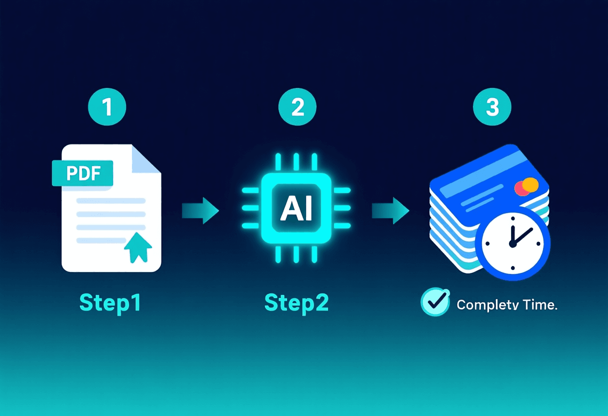 Diagrama de tres pasos: subir PDF a Quizlet, generar con IA y obtener set de flashcards listo para estudiar